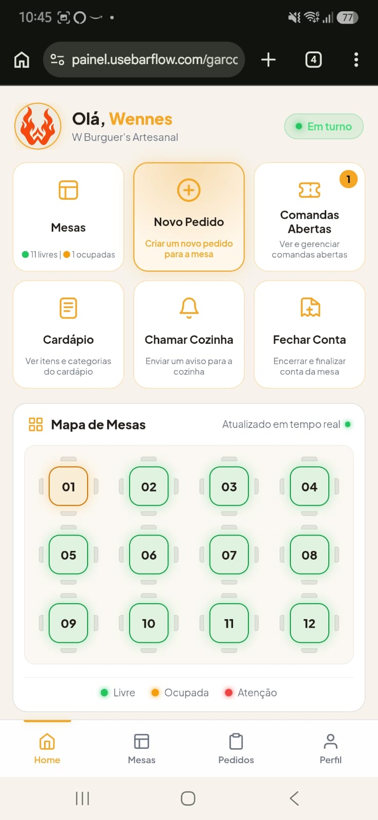 Painel do garçom do BarFlow aberto no navegador do celular, mostrando o mapa de mesas em tempo real