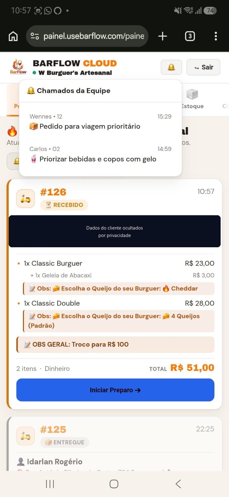 Pedido chegando pronto pra cozinha, com observações do cliente